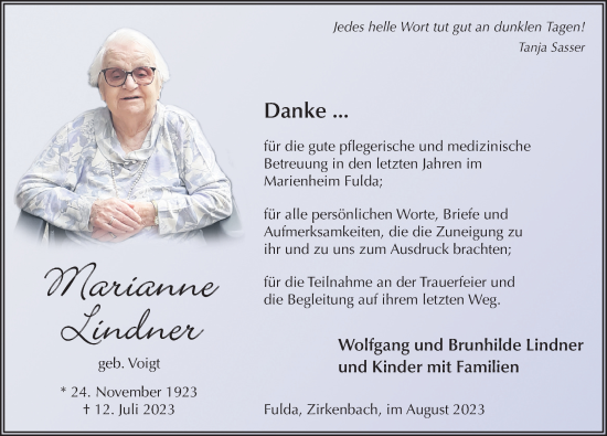 Traueranzeige von Marianne Lindner von FZ