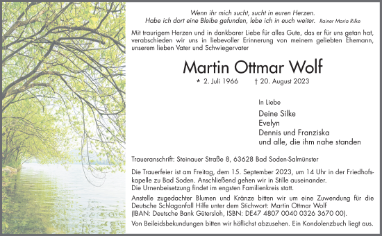 Traueranzeige von Martin Ottmar Wolf von FZ