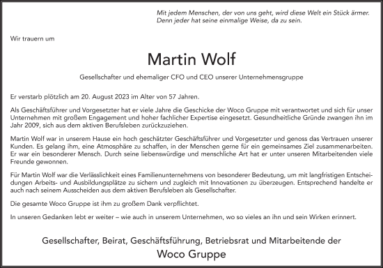 Traueranzeige von Martin Ottmar Wolf von FZ