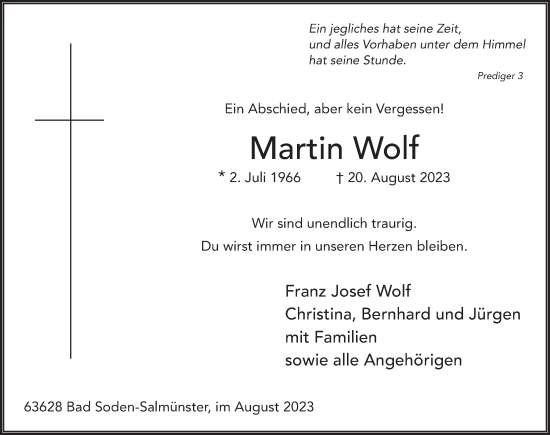 Traueranzeige von Martin Ottmar Wolf von FZ