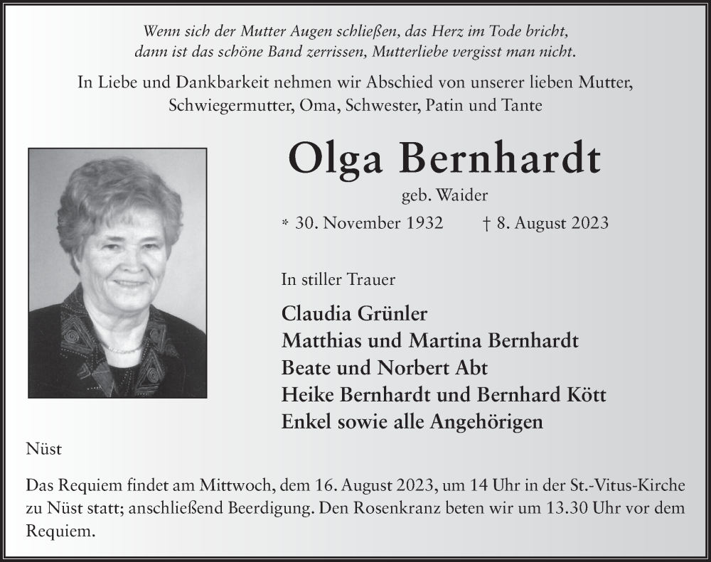  Traueranzeige für Olga Bernhardt vom 12.08.2023 aus FZ
