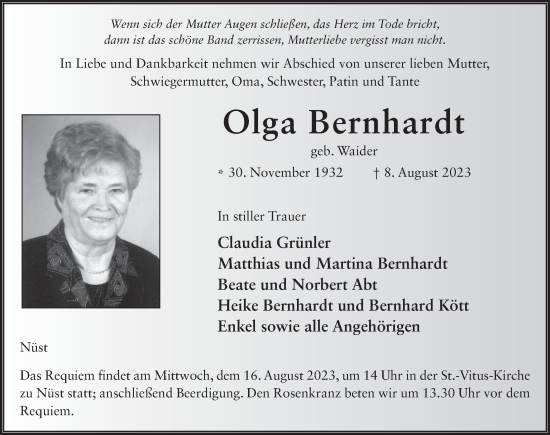 Traueranzeige von Olga Bernhardt von FZ