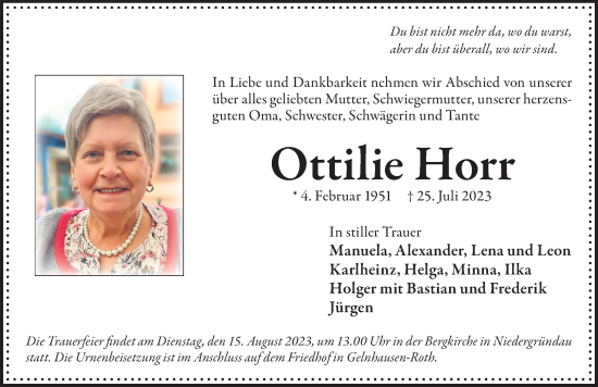 Traueranzeige von Ottilie Horr von FZ