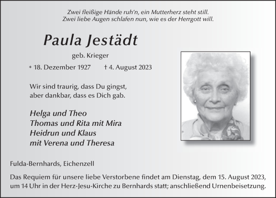 Traueranzeige von Paula Jestädt von FZ