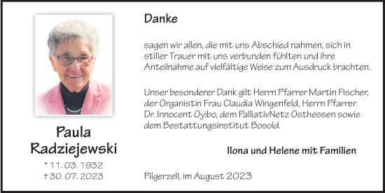 Traueranzeige von Paula Radziejewski von FZ