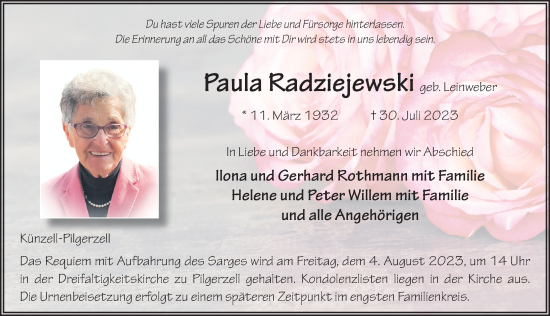 Traueranzeige von Paula Radziejewski von FZ