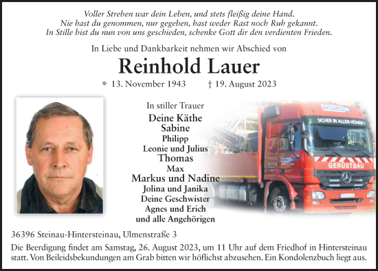 Traueranzeige von Reinhold Lauer von FZ