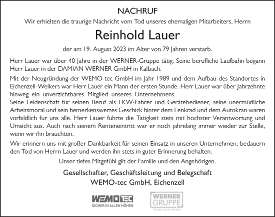 Traueranzeige von Reinhold Lauer von FZ