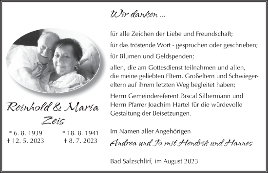 Traueranzeige von Reinhold und Maria Zeis von FZ