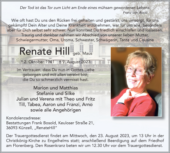 Traueranzeige von Renate Hill von FZ
