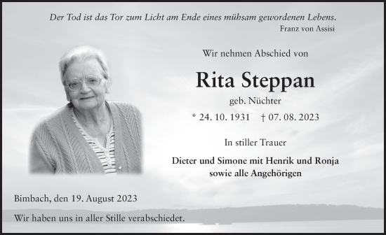 Traueranzeige von Rita Steppan von FZ