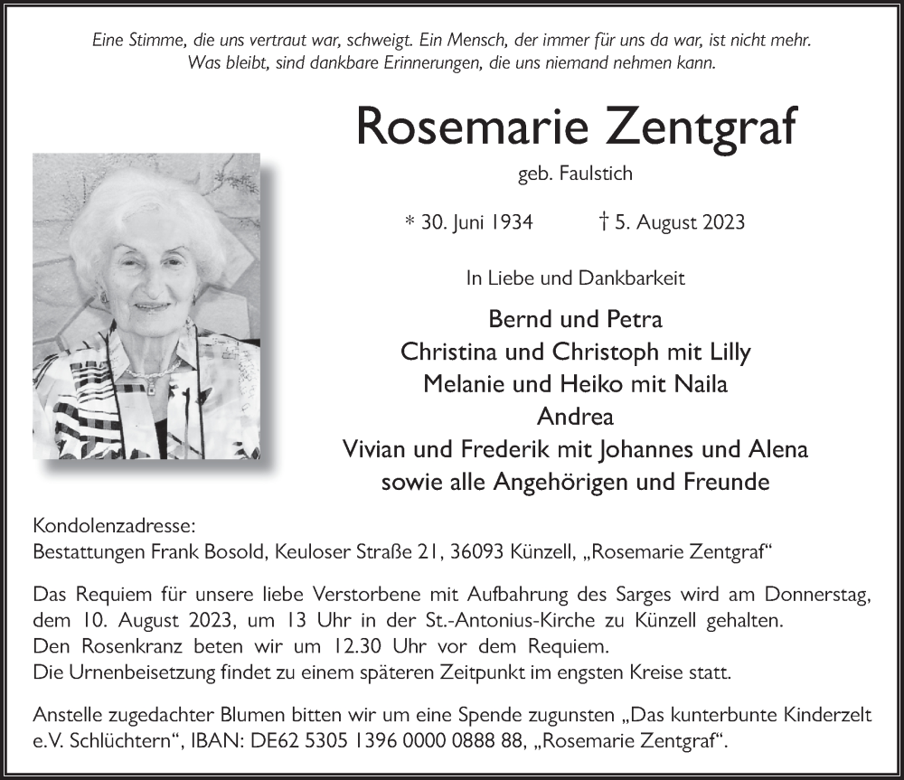  Traueranzeige für Rosemarie Zentgraf vom 09.08.2023 aus FZ