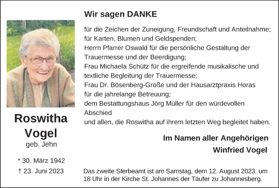 Traueranzeige von Roswitha Vogel von FZ