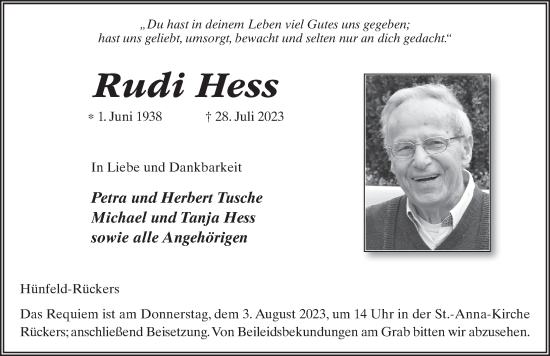 Traueranzeige von Rudi Hess von FZ