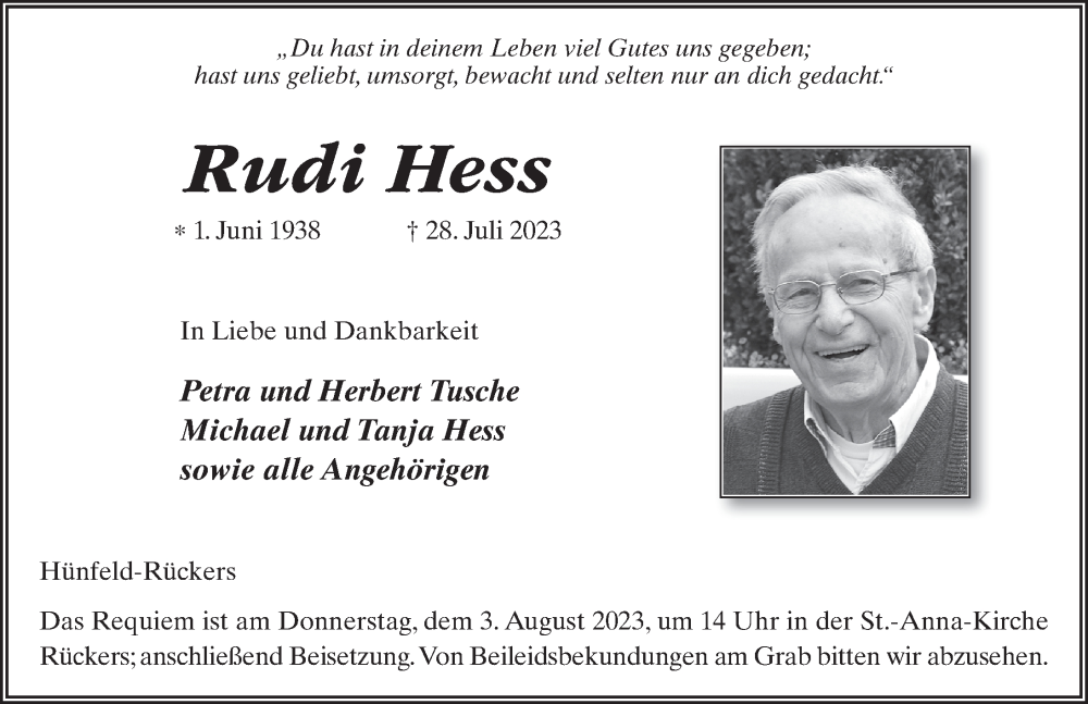  Traueranzeige für Rudi Hess vom 01.08.2023 aus FZ