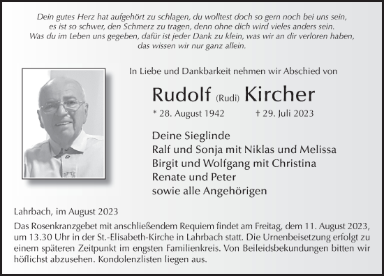 Traueranzeige von Rudolf Kircher von FZ