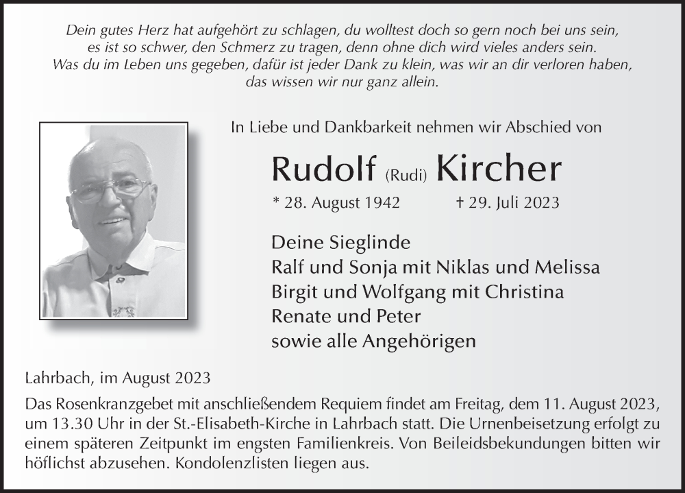  Traueranzeige für Rudolf Kircher vom 04.08.2023 aus FZ