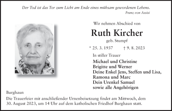 Traueranzeige von Ruth Kircher von FZ