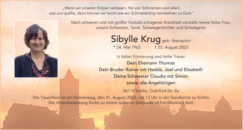  Traueranzeige für Sibylle Krug vom 29.08.2023 aus FZ