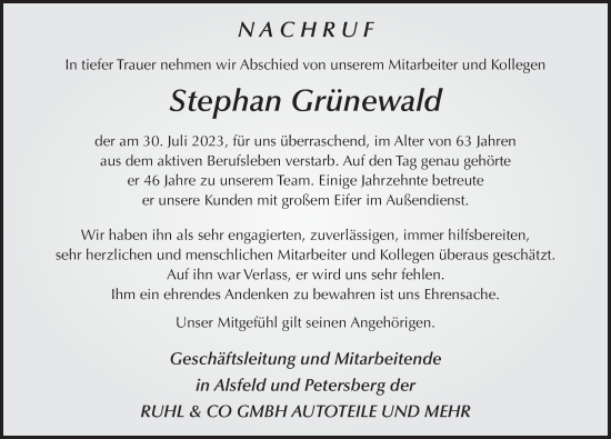 Traueranzeige von Stephan Grünewald von FZ