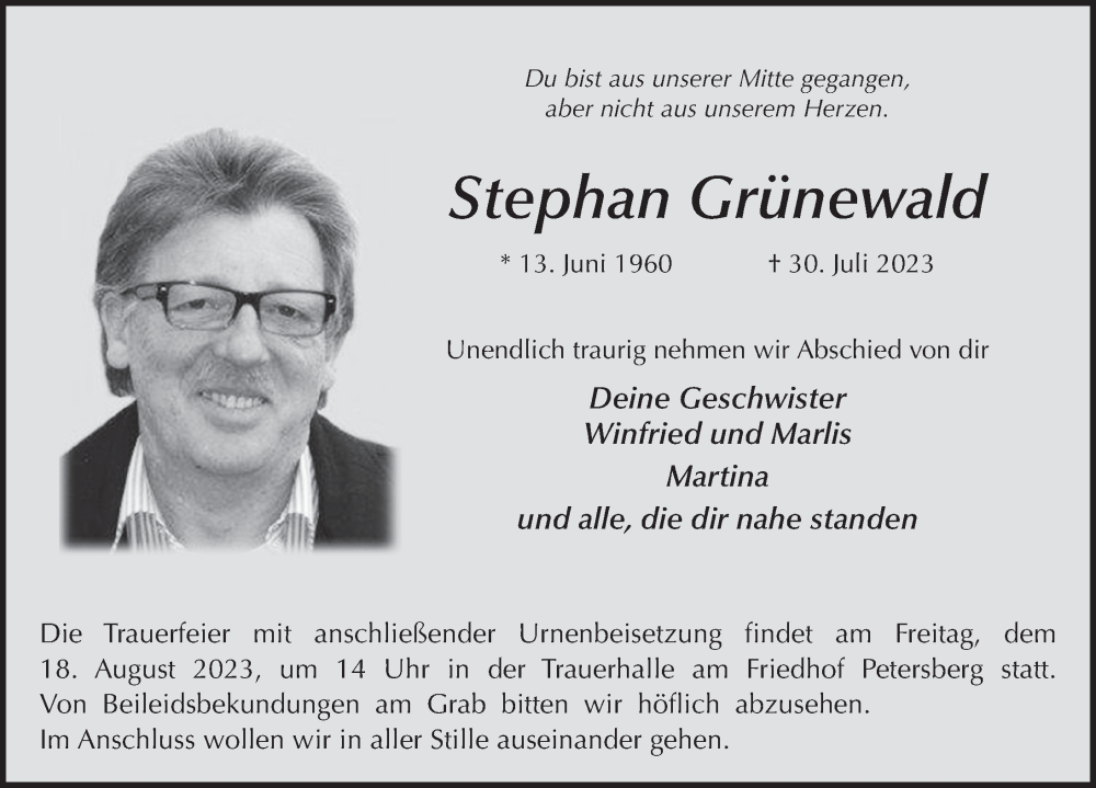  Traueranzeige für Stephan Grünewald vom 12.08.2023 aus FZ