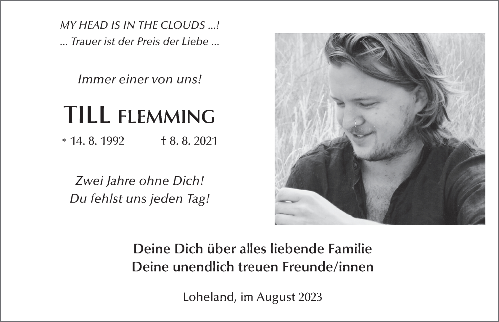  Traueranzeige für Till Flemming vom 08.08.2023 aus FZ
