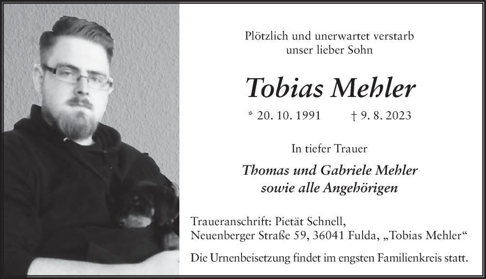  Traueranzeige für Tobias Mehler vom 15.08.2023 aus FZ