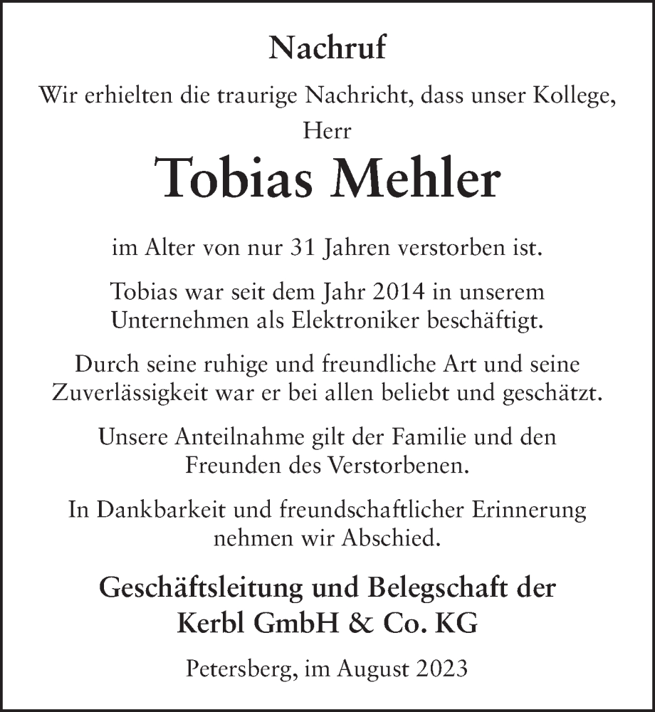  Traueranzeige für Tobias Mehler vom 15.08.2023 aus FZ