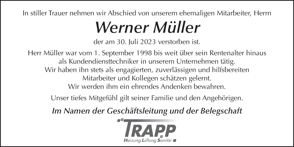  Traueranzeige für Werner Müller vom 05.08.2023 aus FZ