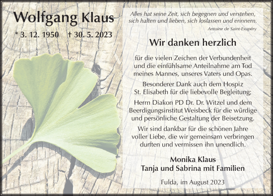Traueranzeige von Wolfgang Klaus von FZ