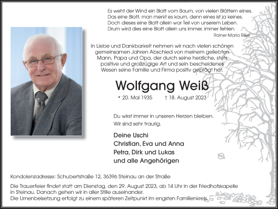 Traueranzeige von Wolfgang Weiß von FZ