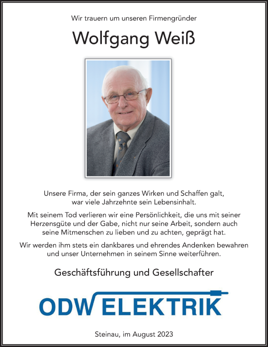 Traueranzeige von Wolfgang Weiß von FZ