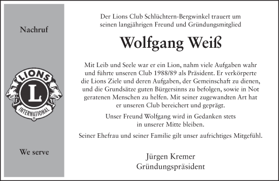 Traueranzeige von Wolfgang Weiß von FZ