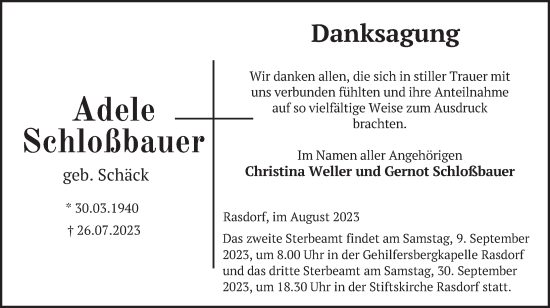 Traueranzeige von Adele Schloßbauer von FZ