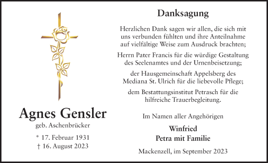 Traueranzeige von Agnes Gensler von FZ