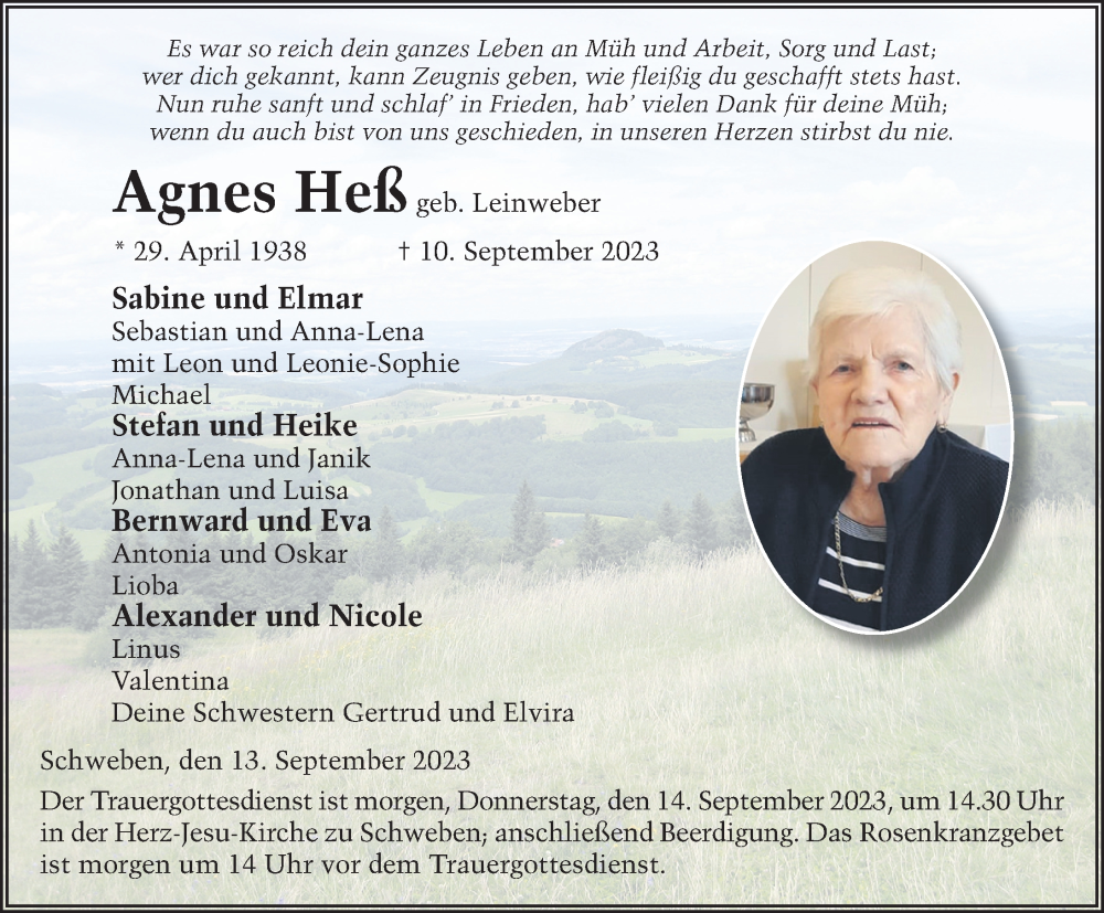  Traueranzeige für Agnes Heß vom 13.09.2023 aus FZ