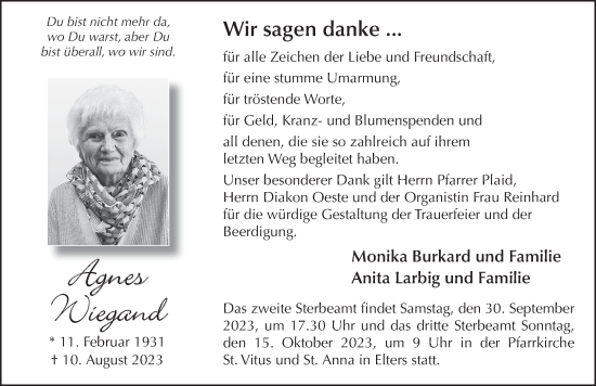 Traueranzeige von Agnes Wiegand von FZ