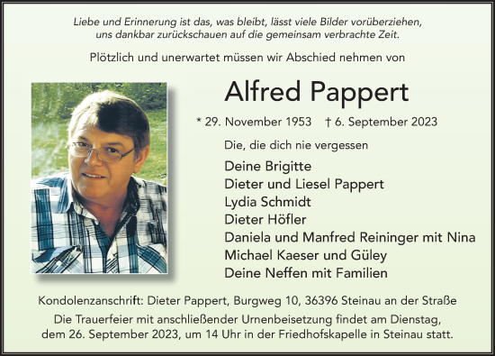 Traueranzeige von Alfred Pappert von FZ
