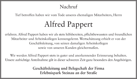 Traueranzeige von Alfred Pappert von FZ
