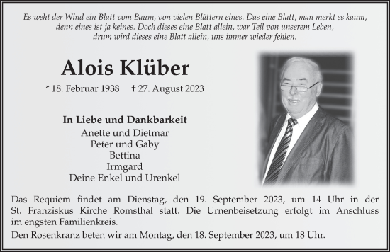 Traueranzeige von Alois Klüber von FZ