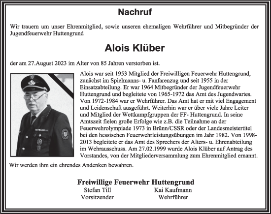 Traueranzeige von Alois Klüber von FZ