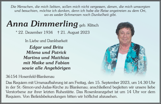 Traueranzeige von Anna Dimmerling von FZ