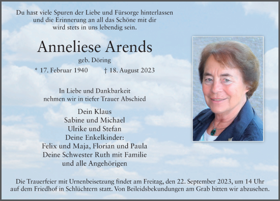 Traueranzeige von Anneliese Arends von FZ