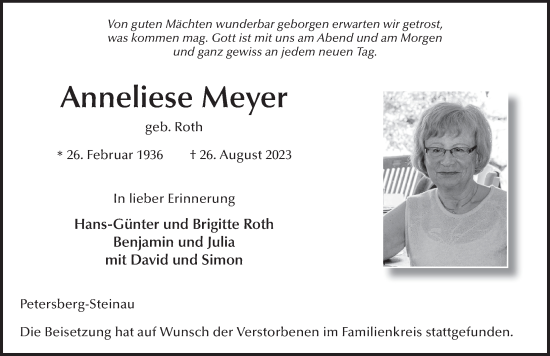 Traueranzeige von Anneliese Meyer von FZ