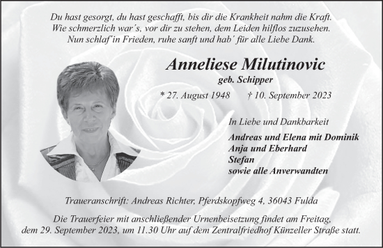 Traueranzeige von Anneliese Milutinovic von FZ