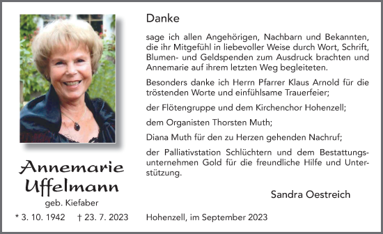 Traueranzeige von Annemarie Uffelmann von FZ