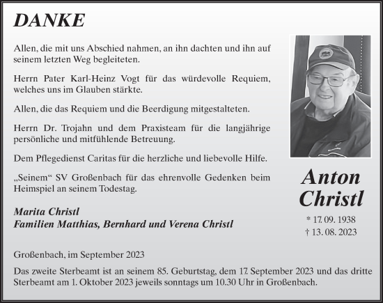 Traueranzeige von Anton Christl von FZ