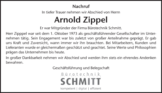 Traueranzeige von Arnold Zippel von FZ