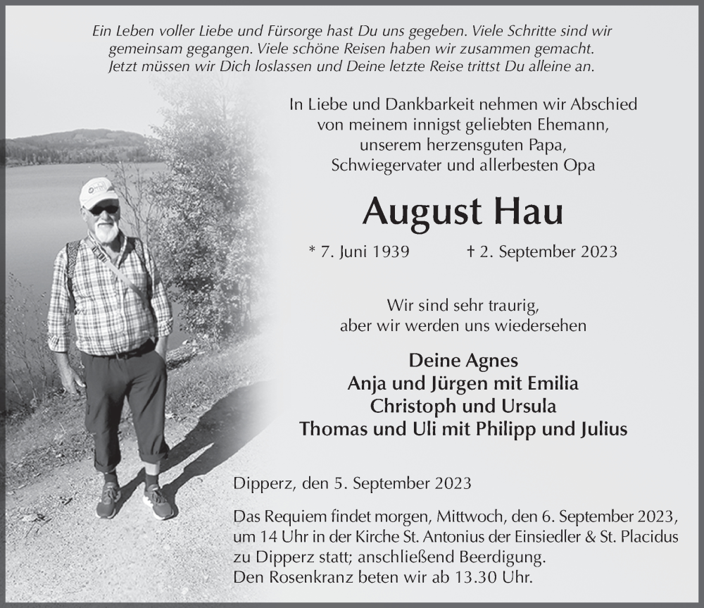  Traueranzeige für August Hau vom 05.09.2023 aus FZ