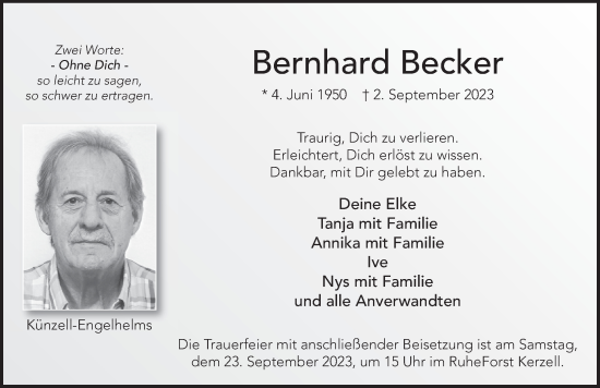 Traueranzeige von Bernhard Becker von FZ